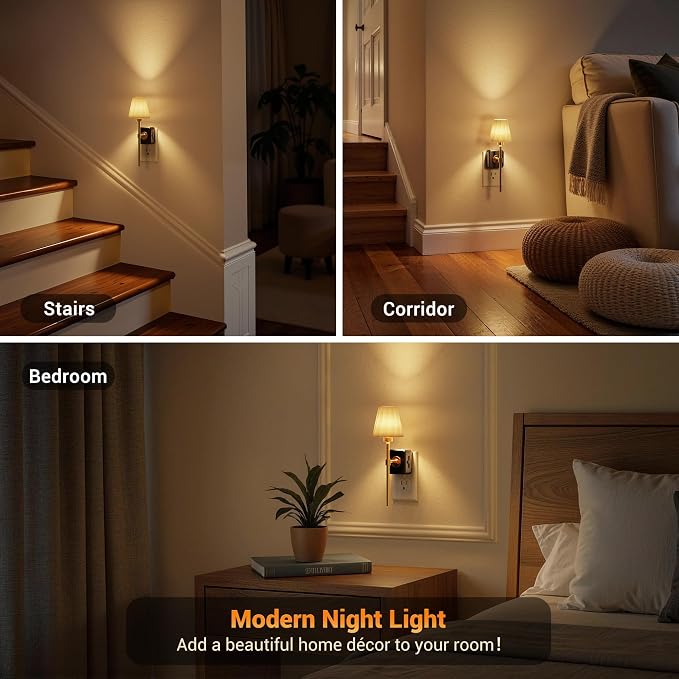 JandCase Night Lights Plug into Wall, 2 Pack Vintage Nightlights | Dusk to Dawn Sensor, 0-100LM Dimmable, Pleated Fabric Beige Lamp for Living Room Bedroom Hallway