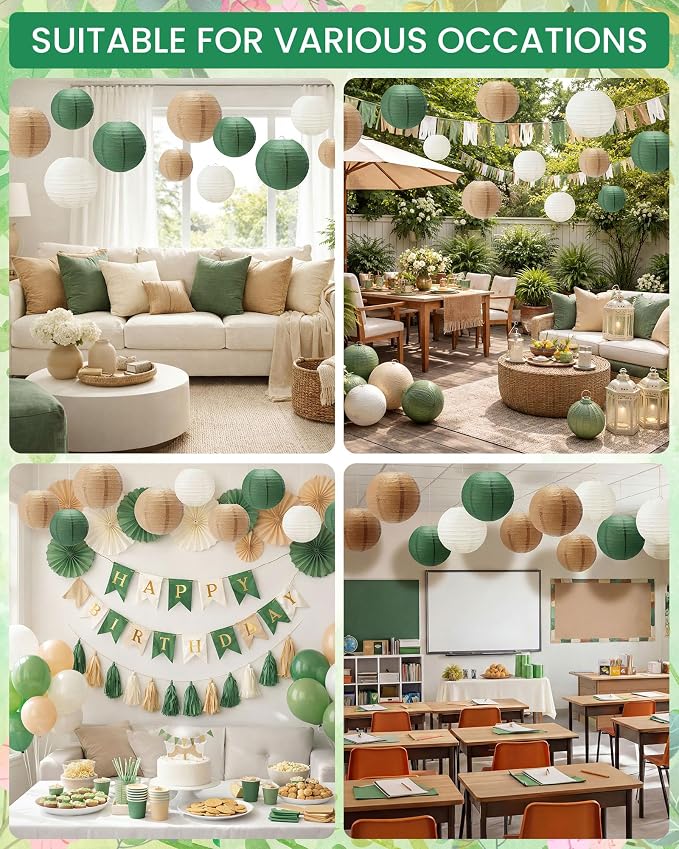 Treela 48 Pcs Paper Lanterns Party Decorations Chinese Round Paper Decor 4/6/8/10 Inch Asian Hanging Lamps Decorative for Birthday Party Wedding Bridal New Year Supplies(Dark Green)