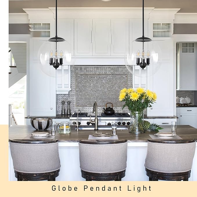 14" Globe Pendant Light 3-Light Black Mid Century Pendant Light Clear Glass Lights Kitchen Island Mid Century Adjustable Hanging Farmhouse Globe Fixtures for Living Room Lobby
