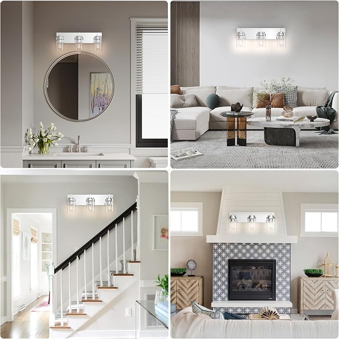Chrome Light Fixtures, 3 Light Bathroom Vanity Light with Clear Glass Shade, 22in Modern Vanity Light, Bathroom Lighting Fixtures Over Mirror for Living Room