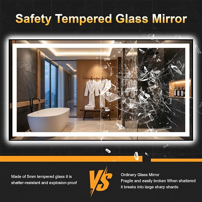 LED Bathroom Mirror with Light, 30x55 Vanity Mirror for Wall with Frame | Anti-Fog, Dimmable 3 Colors, Memory Function, Backlit and Front Lit, Shatter-Proof Glass, Plug-in/Hardwired