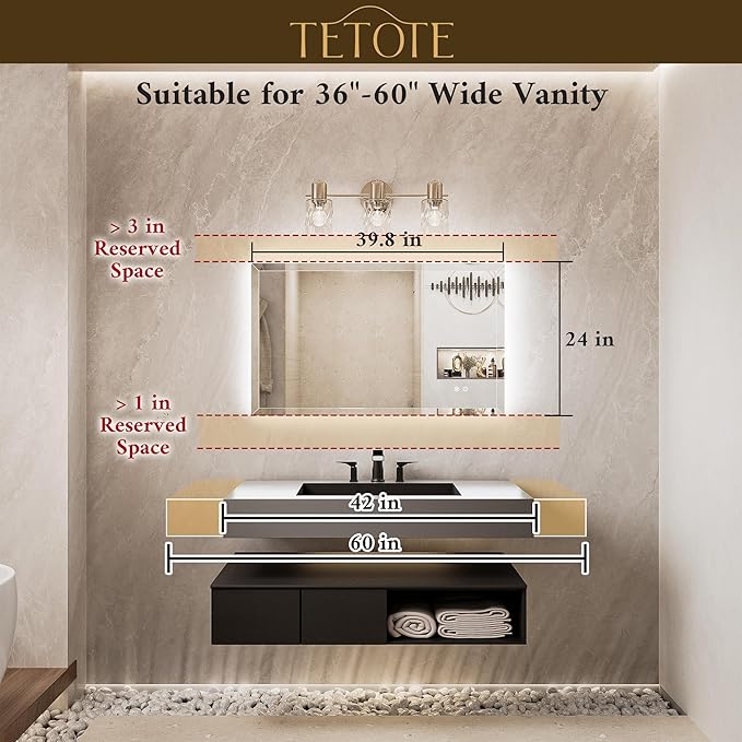 TETOTE Backlit Bathroom Mirror 40 x 24, Frameless LED Mirror for Bathroom, Tempered Glass, 3 Colors Lights, Defogging, Adjustable Brightness, Memory Function, Light Up Bathroom Mirrors for Over Sink