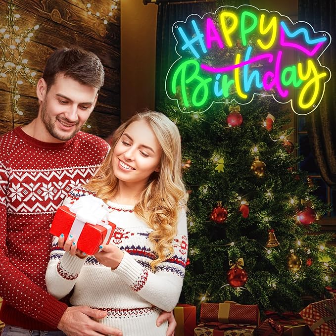 Happy Birthday Neon Sign – Colorful LED Light-Up Sign for Birthday Party Backdrops, USB Powered with Dimmable, Wall Decoration for All Ages, with 2 Birthday Cards, 16.5 x 12.5 Inches
