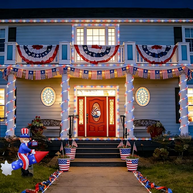 QITONG Red White Blue Solar Rope Lights, 2 Pack Each 33ft 100 LED 4th of July Lights Outdoor, 8 Modes Fairy Lights in Clear Thin Tube for Patriotic Independence Memorial Day Decor