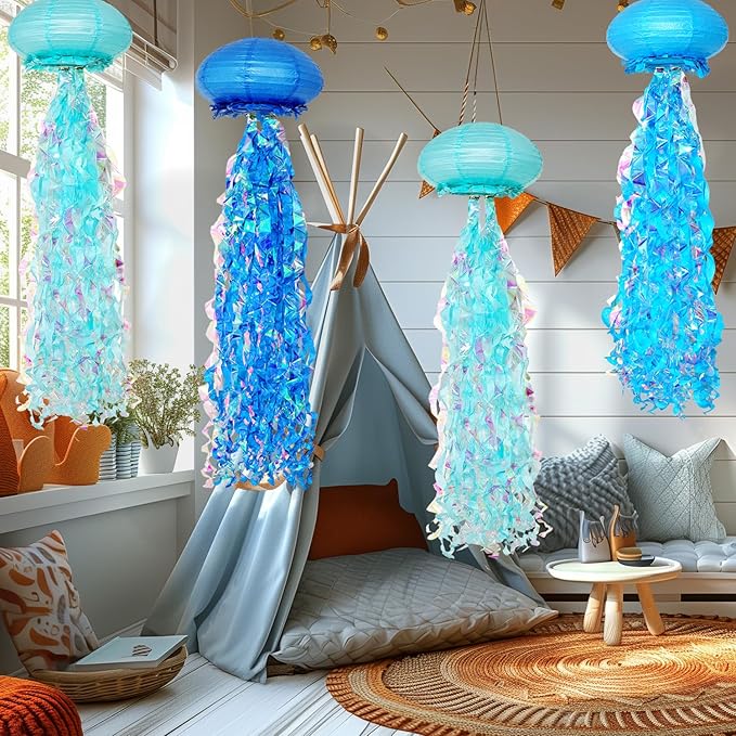 10" Blue Jellyfish Paper Lanterns - Under the Sea Birthday & Mermaid Party Decorations, Ocean and Beach Theme Indoor Outdoor Hanging Decor, Baby Shower, Nautical Events (Set of 6)