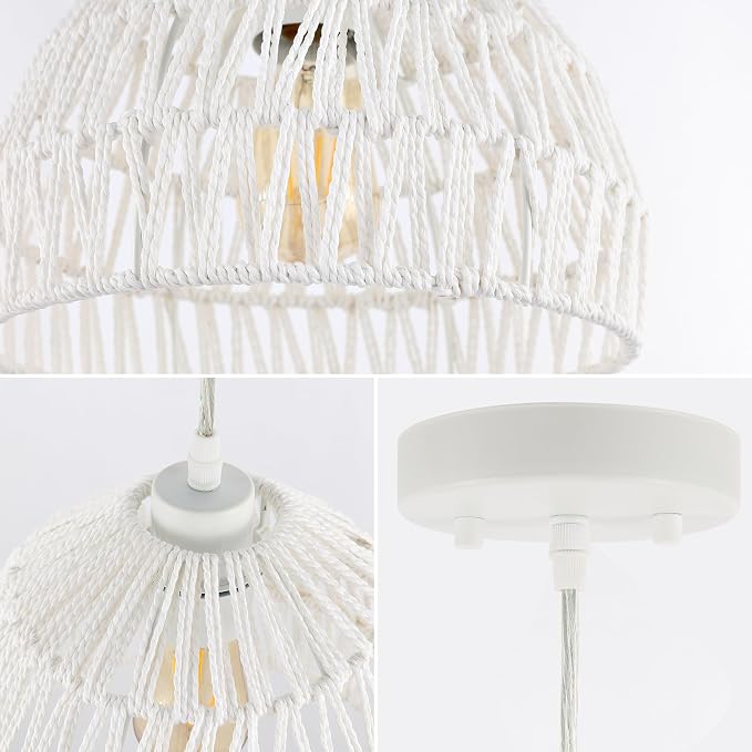 JONATHAN Y Campana 1-Light Pendant Dome Ceiling Lamp, 10.25", White | Modern Coastal Farmhouse Decor, Adjustable Height, Woven Rope Metal Frame, LED Bulb Included, UL Listed