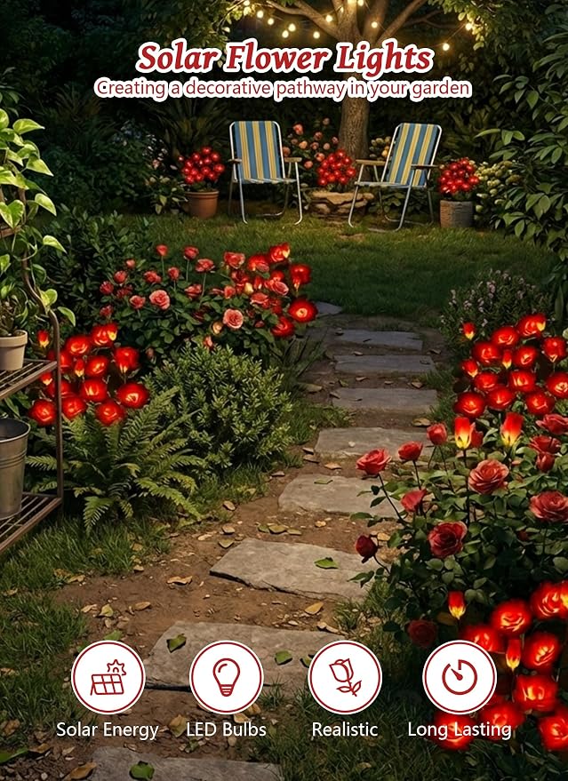 Brightown Solar Garden Lights, 4 Pack LED Rose Flower Lights Waterproof | Larger & Realistic Red Rose, Bigger Solar Panel, Waterproof Solar Lights Outdoor for Yard Garden Lawn Pathway Decorations