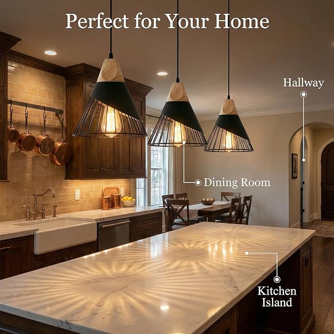 Pendant Light Black,Pendant Lights Kitchen Island,Wood Pendant Light,Adjustable Height Hanging Light Fixture for Kitchen Island Dining Room Bar Bedroom Hallway