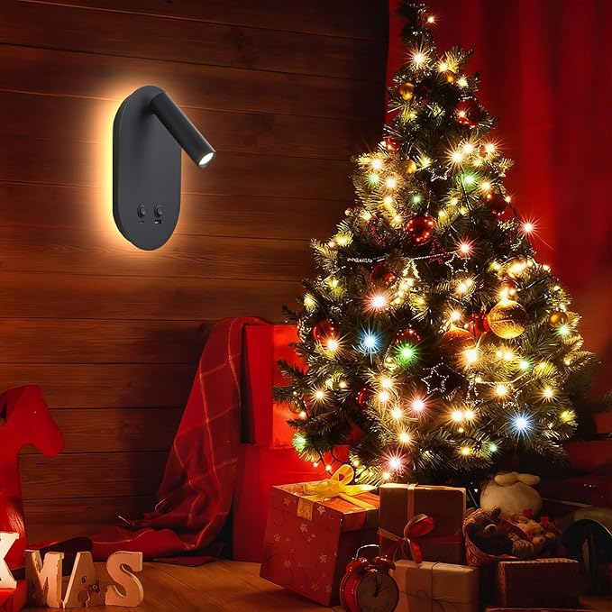 Wall Lamp Plug in Hardwired 2 in 1 Wall Sconces, Wall Mounted Reading Light with USB Type C Ports, Adjustable Bedside Headboard Spotlight, Bedside Lamp with 9W+3W Night Light 3000K (Black)