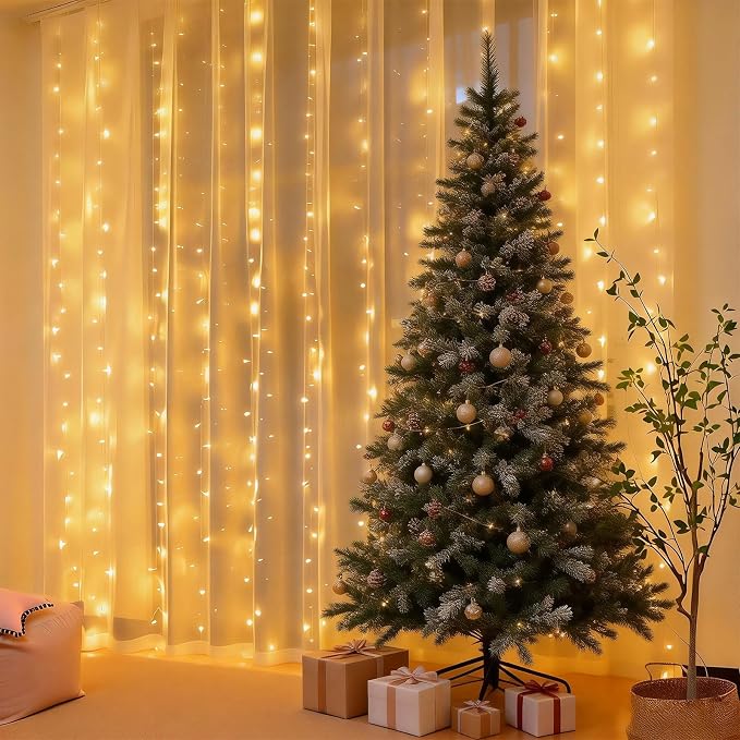 300LED Fairy Curtain Lights 9.8ft x 9.8ft LED Dimmable Twinkle Lights | with Remote and Timer USB Plug in 8 Modes String Lights for Bedroom Indoor Outdoor Party Christmas Decor, Warm White