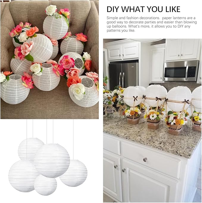 20Pcs White Paper Lanterns for Parties, 6” 8” 10” 12” Chinese Asian Hanging Round Paper Lanterns for Birthday Wedding Halloween Christmas Home Decor Party Decor