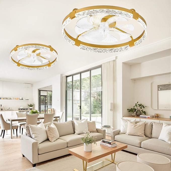 LEDIARY 2 Pack 24" Ceiling Fans with Lights and Remote, Fandelier Gold | 3CCT, 6 Speeds, Dimmable Low Profile, Flush Mount Ceiling Fan, Timer, Reversible, Memory, Bedroom, Living Room, Kitchen