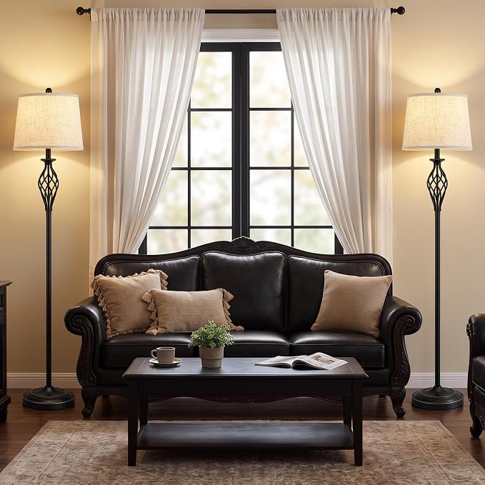 EJIAXIN Floor Lamps for Living Room - 62" Farmhouse Vintage Standing Lamp for Bedroom with Adjustable Color Temperatures,Black Tall Lamp with Linen Shade,Reading Light for Home Office,Bulb Included