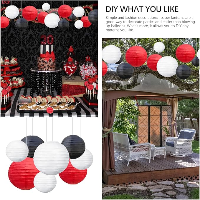 20Pcs Red Black White Paper Lanterns for Parties, 6” 8” 10” 12” Chinese Asian Hanging Round Paper Lanterns for Birthday Wedding Halloween Christmas Home Decor Party Decor