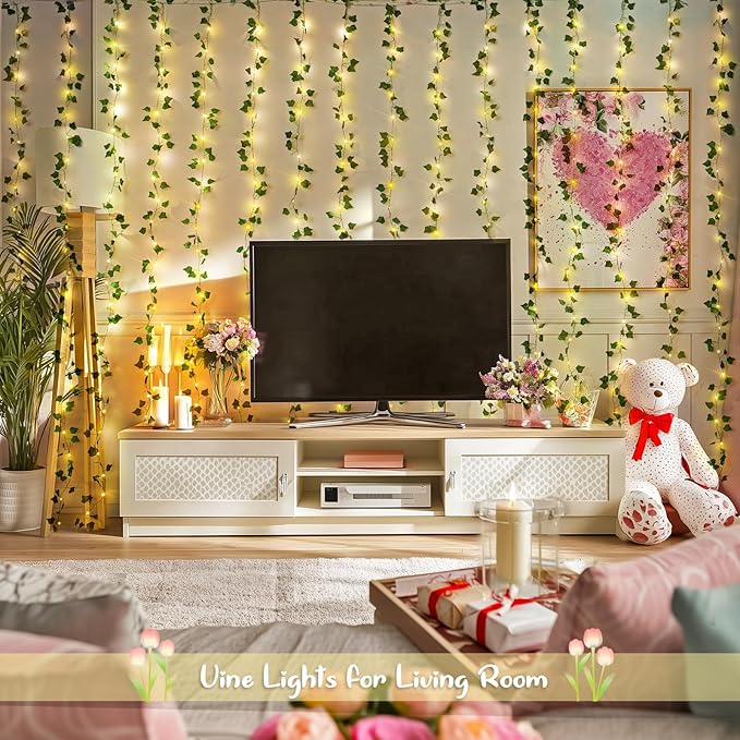 JMEXSUSS Vines Lights for Bedroom, 9.8ft x 9.8ft with Remote, 300 LED Fairy Lights with Vines, Artificial Ivy Curtain Light for Wall Dorm Wedding Indoor Decor