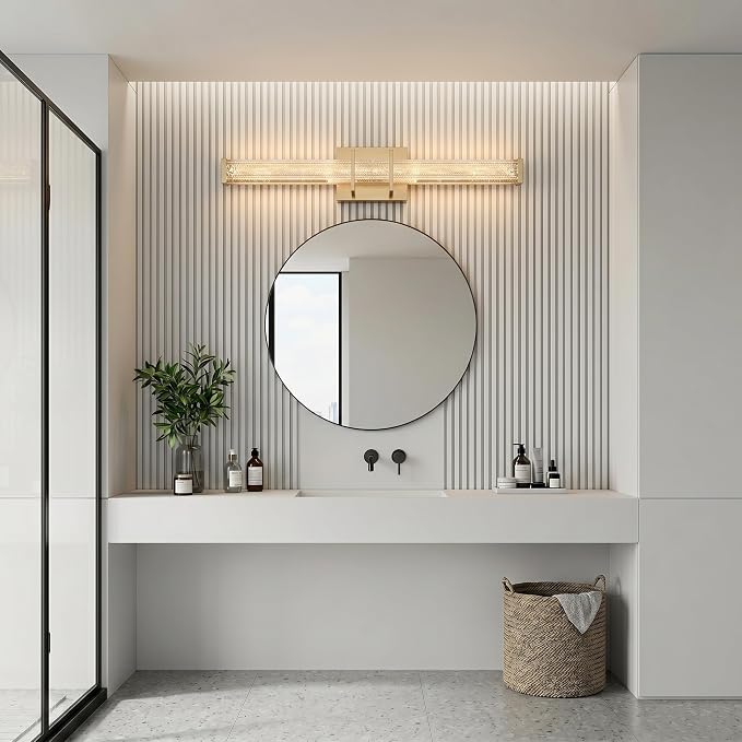 URSOLA 24" Modern LED Bathroom Light Fixtures, Golden 3CCT Dimmable Bathroom Vanity Light Over Mirror, Bathroom Vanity Bath Bar Lights with Crystal Acrylic Shade