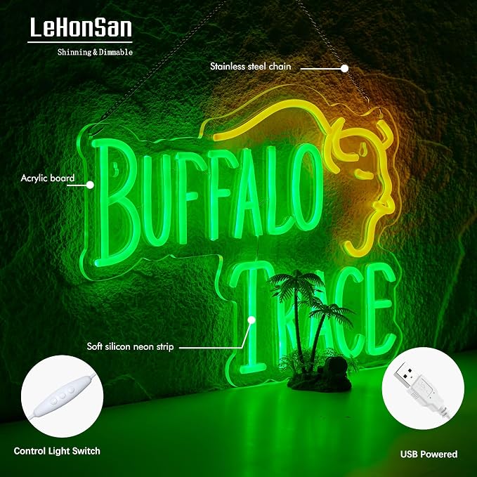 Whiskey Neon Sign for Bar Wall Decor, Buffalo Whiskey Dimmable Light Up Bar Signs for Man Cave Room Decor Bar Shop Pub Bistro Party Hotel Game Room Decor Gifts, USB Powered