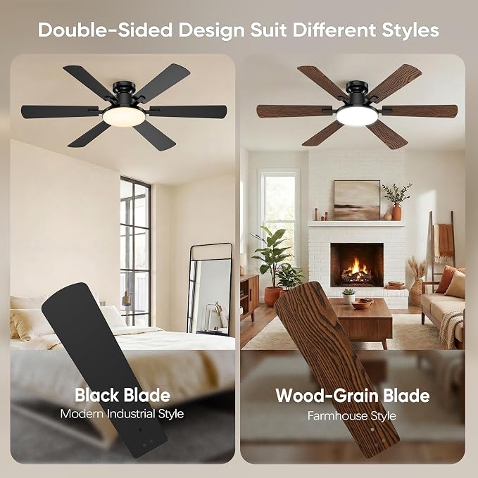 52'' Ceiling Fan with Light Remote/APP Control for Living Room | 6 Blades Dual-Finish, 6 Speeds, MAX 5600 CFM, 3CCT Dimmable LED, All Metal Body, Memory Function, Quiet Reversible DC Motor