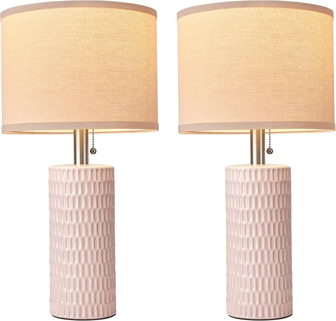 Reaketon 20.5" Modern Ceramic Table Lamps for Bedroom Set of 2, Bedside Lamps for Night Stands with Beige Lampshade, Farmhouse Table Lamp for Living Room Office Dorm, Pink