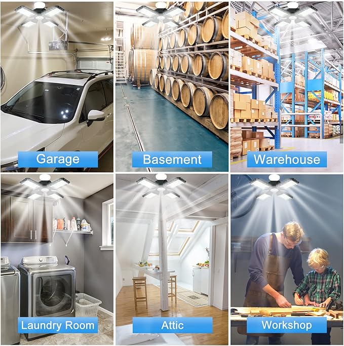 LED Garage Light,150W Deformable Garage Ceiling Lights,15000LM, 4 Adjustable Panels, E26/E27 Shop Lights for Basement, Barn, Workshop,High Bay Light