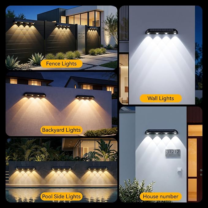 11.81inch Solar Fence Lights Outdoor Waterproof, 3-Mode (3000K/4000K/6000K),4 LED with Upgraded High-Efficiency Solar Panel & Wide Beam for Backyard/Patio/Deck/Step/Home Improvement(6 Pack)