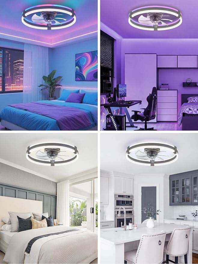 ZMISHIBO 20" RGB Low Profile Ceiling Fans with Lights and Remote, Grey | Custom RGB+3CCT Dimmable, 6 Speeds, Remote/App Control, Reversible DC Motor, Memory, Timer, Modern Fandelier for Kids/Bedroom