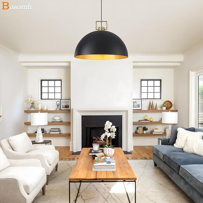 19.7" Vintage Pendant Light Industrial Pendant Light Dome Black and Gold Large Chandelier Light for Kitchen Island, Dining Room, Bedroom,Farmhouse Pendant Lighting