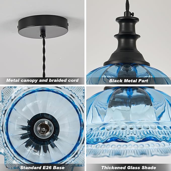HDDFL Glass Pendant Lights Modern Pendant Lighting Fixtures Hanging Lamp for Kitchen Island Bedroom Dining Room Coffee Shop Hallway Blue and Black