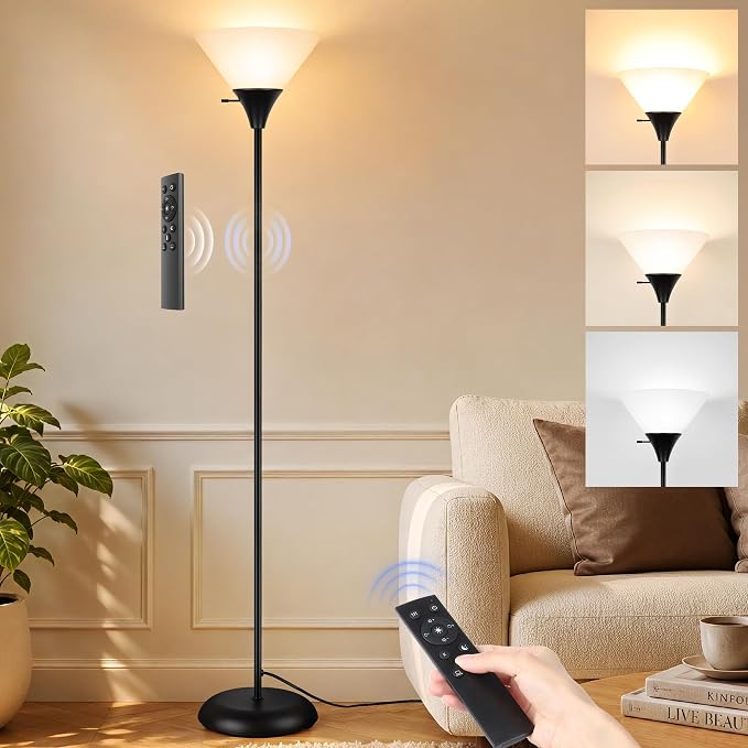 Coucrek Floor Lamp for Living Room, Torchiere Standing Light | Remote Control Stepless Dimmable Brightness & Color Temperature, 9W LED Bulb Included, Tall Lamp for Bedroom, Office, Dorm