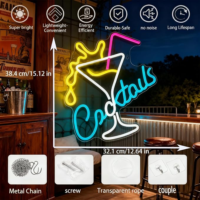Cocktail Neon Sign Bar Neon Light Wall Decor Home Bar Party Lounge Decor | Dimmable Cocktail LED Neon Sign for Bar Club Game Room Restaurant Man Cave Party Birthday Drink Lover Gift Wall Decoration