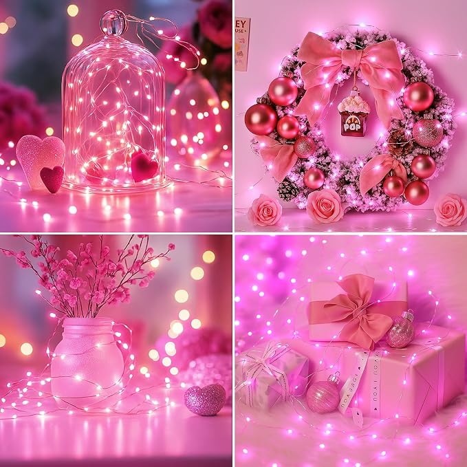 10 Pack Fairy Lights Battery Operated - 7ft 20 Led Twinkle Lights 3 Modes, Bulk Mini String Lights Waterproof for Mason Jars Vases DIY Party Wedding Mothers Day Decoration-Pink