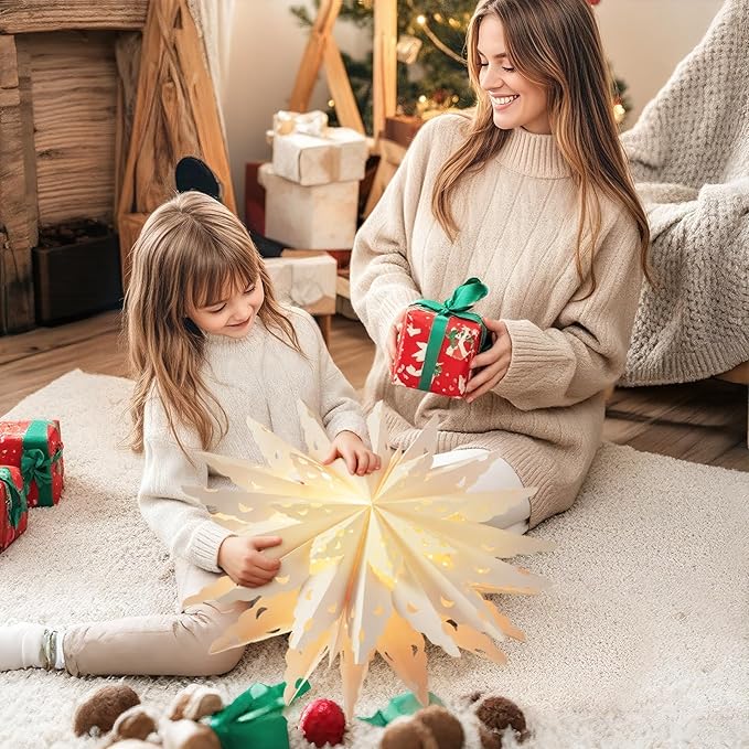 Lewondr Christmas Paper Star Lantern 5 Pack, Unique Flower Shape Lights with Remote Control, LED Paper Lanterns with 6H Timer for Holiday Home Decoration, 17.72 × 17.72 × 1.97 Inch, Warm Light