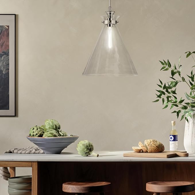 Kichler Laria Pendant Light, Clear Glass, Polished Nickel | Sloped ceiling compatible pendant light for kitchen islands and dining rooms (19.75" x 16"), 52775PNCLR