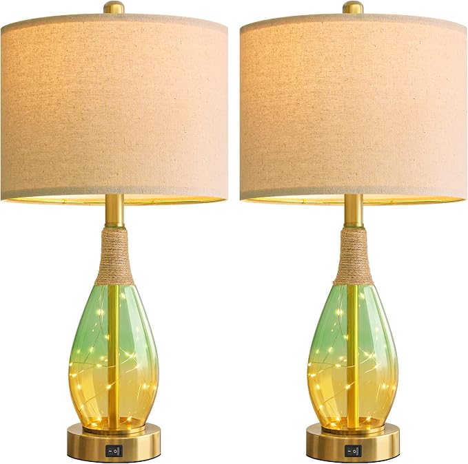 23" Table Lamps Set of 2,Farmhouse Lamps with Glass Nightlight, Bedside Lamps for Living Room, Rattan Lamps for Bedroom Nightstands, Two Light Points