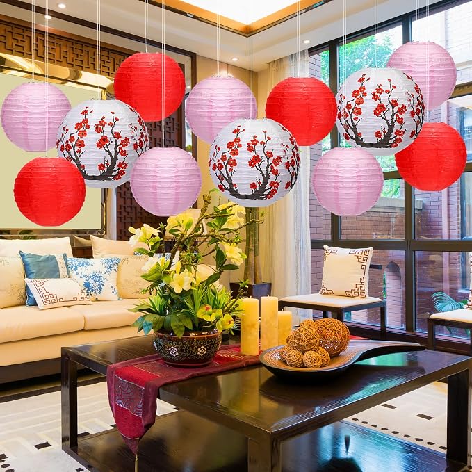 Mudder 20 Pieces Chinese Japanese Paper Lanterns Includes Cherry Flowers Paper Lanterns for Hibachi Birthday Party Asia Home Restaurant Wedding Decor(Red White and Pink,Modern Style)