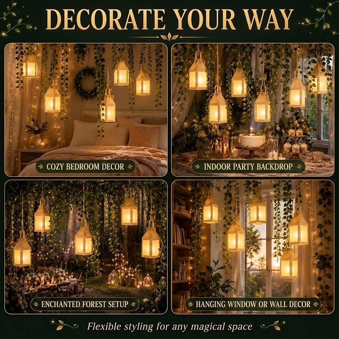 Yinder 24 Pcs Enchanted Forest Theme Decoration Set 82.68 ft Artificial Begonia Leaf Vine Paper Candle Lanterns Decor with LED String Lights for Bedroom Aesthetic Jungle Fairy Wonderland Party Favor