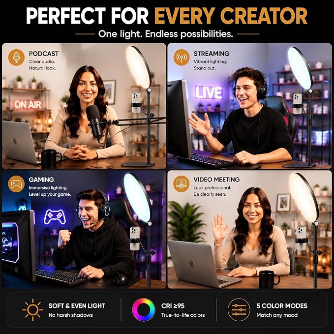 10" Full-Panel Desk Ring Light with Stand & Flexible Phone Holder, 24W 1100LM Light for Video Recording, 5 Color Modes up to 6500K, CRI 95+ for Computer, Podcast, Streaming, Zoom & Video Calls