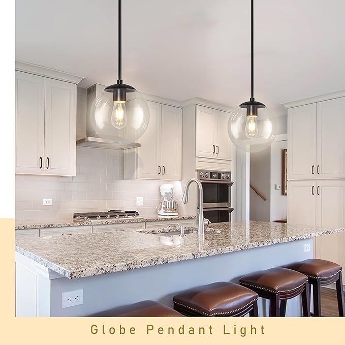 10" Globe Pendant Light Black 2 Pack Mid Century Pendant Light Globe Pendant Lights Kitchen Island Matte Black Finished with Clear Glass Adjustable Ceiling Light Fixtures for Dining Room Bar