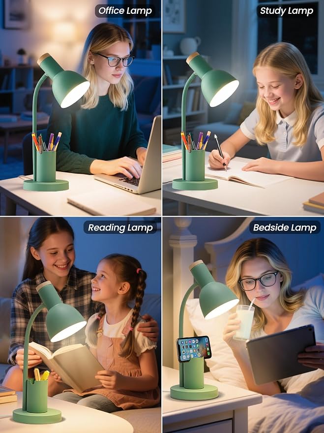 LED Desk Lamp for Home Office, Table Lamp with Pen Holder, 3 Color Modes Reading Light, Eye-Caring Desk Light with Gooseneck, Metal Study Lamp for Dorm Bedside Bedroom (Green Lamp)