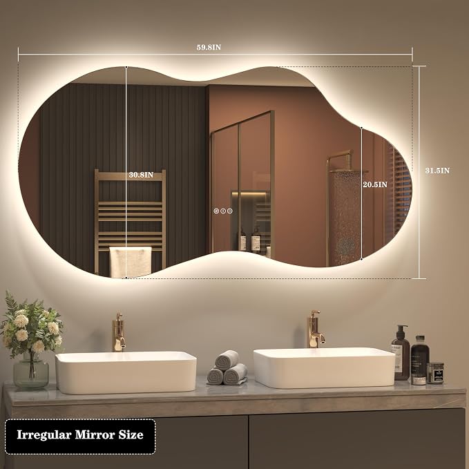 SMIROR 60x32 Irregular Backlit Led Lighted Bathroom Vanity Mirror | Asymmetrical, Cloud Shape, Anti-Fog, 3 Colors, Dimmable, Memory, Tempered Glass, UL
