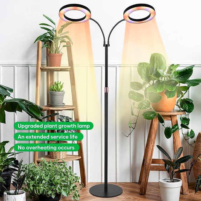 Grow Lights for Indoor Plants, 2-Head Plant Lamp & Height Adjustable, Black | Full Spectrum Floor Stand Plant Light for Large Tall Plants, 3/9/12H Timer, 10 Dimming, Modern Ring Grow Lamp for Home Décor