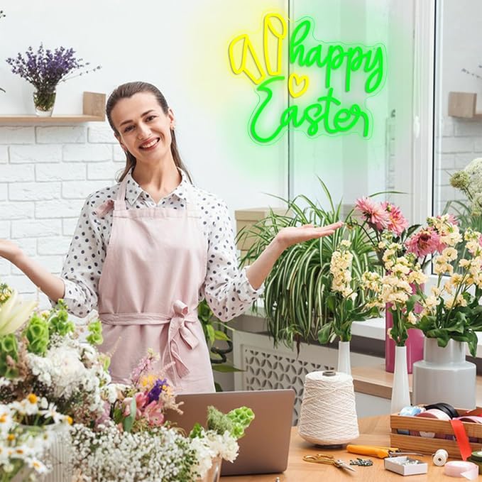 Easter Rabbit Ears Neon Sign Happy Easter LED Neon Light USB Powered Bunny Rabbit Light Up Sign for Wall Decor Bar Party Bedroom Shop Pub