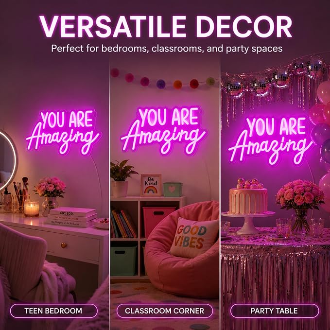 You Are Amazing Neon Sign Wall Decor | Neon Light Classroom Bedroom Decor, 15.8'' x 8.3'' LED Pink Light up USB Signs, Christmas Birthday Party Gifts