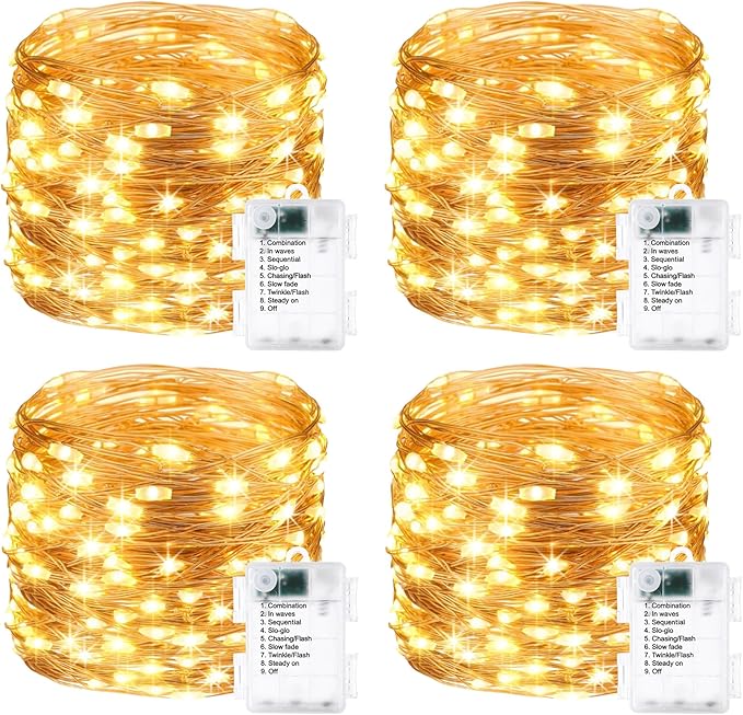 4 Pack Fairy Lights Battery Operated - 16.4ft 50 LED Warm White | Starry Fairy Lights , 8 Modes Waterproof with Timer for Indoor Outdoor Bedroom Party Holiday Christmas Decor, Copper Wire