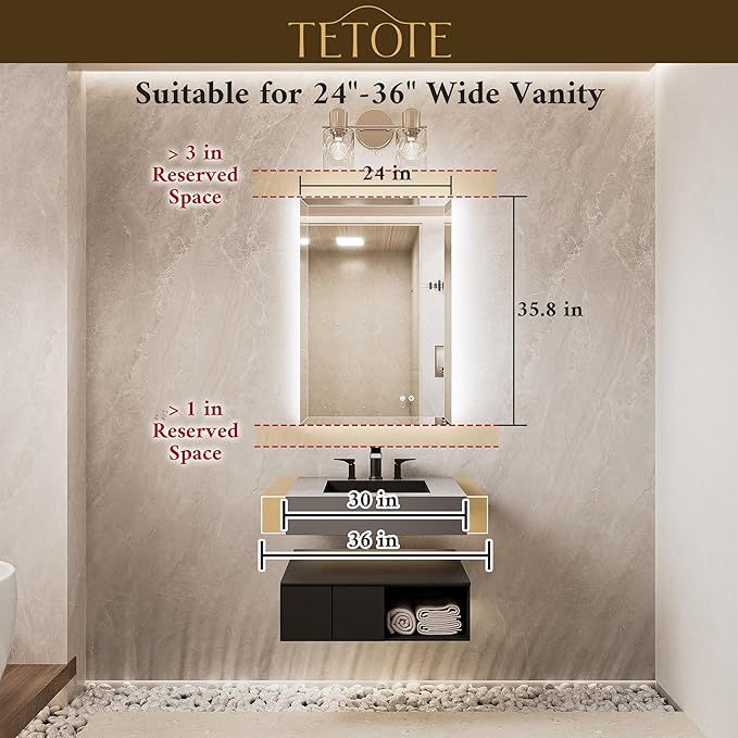 TETOTE 24 x 36 Backlit Bathroom Mirror, Frameless LED Mirror for Bathroom, Tempered Glass, 3 Colors Lights, Defogging, Dimmable, Memory Function, Light Up Bathroom Mirrors for Over Sink