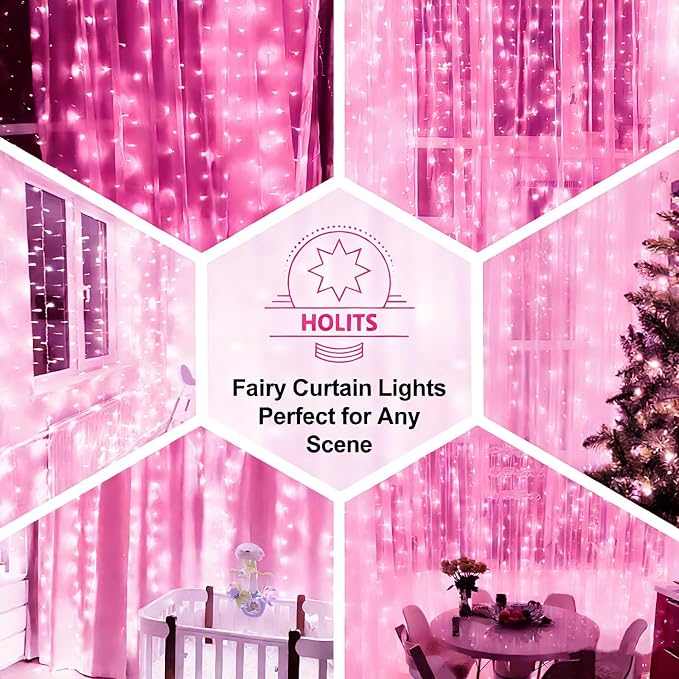300 LED Fairy Curtain Lights, 9.8 x 9.8FT Pink USB Plug in 8 Modes Hanging Lights with Remote for Christmas, Bedroom, Indoor, Outdoor, Weddings, Party (Pink)