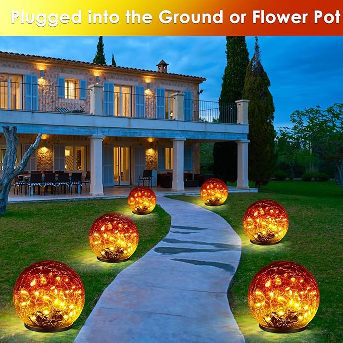 2 Pack 60 LED Garden Solar Outdoor Lights Decorative, Gradient red Cracked Glass Solar Globe Lights, Upgraded Waterproof Ball Lights for Yard Pathway Patio Lawn Christmas Outside Decor