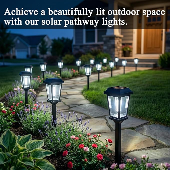 Solar Pathway Lights Outdoor LED Garden Lights for Yard Walkway Driveway | Auto On Off 6000K Cool White Waterproof Solar Lights For Outdoor Yard Landscape Path Lawn Décor, 8–10Hours, 8 Pack