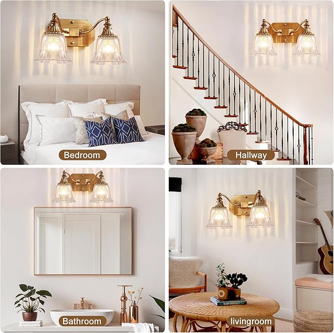 Gold Vintage Bathroom Light Fixtures, 2-Lights Bathroom Vanity Light, Antique Brushed Gold Lighting Fixtures Over Mirror with Crystal Glass Shade, Wall Sconce Lighting