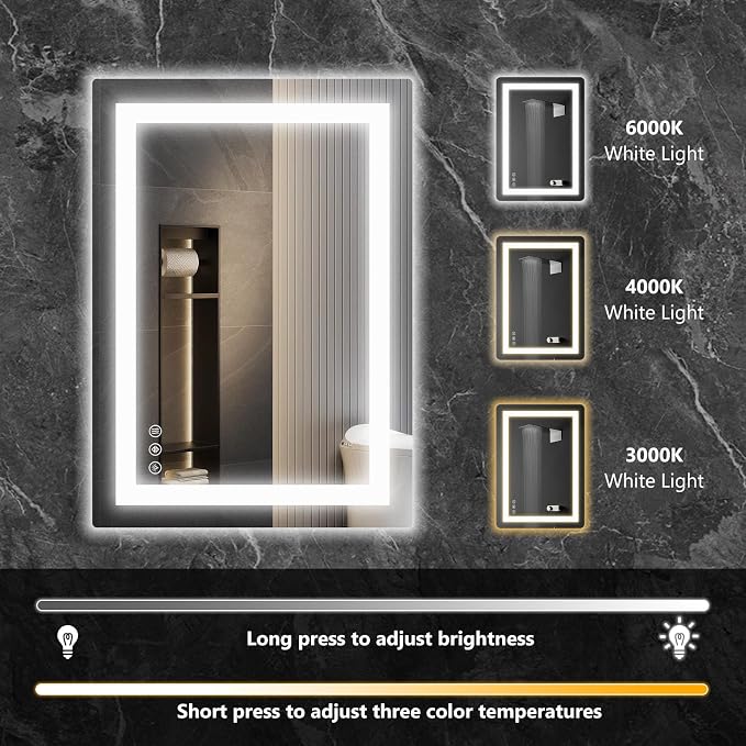 Sweetcrispy 28"x 36" Smart Anti-Fog LED Bathroom Mirror with Lights and Front Light & Backlit, 3 Color Temperatures, Dimmable, Memory Function, Rectangle Modern Vanity Mirror